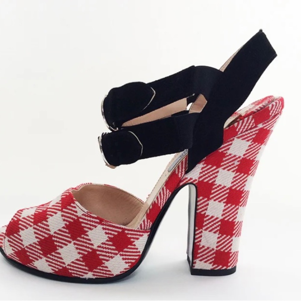 PRADA gingham print canvas heels. - Black suede straps with silver-tone buckles